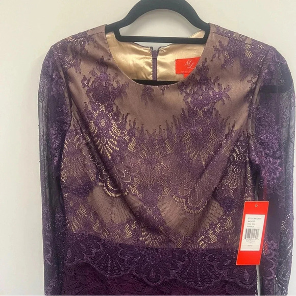Monique Lhuillier Long Sleeve Lace Metallic Shimmer Sheath Mini Dress Purple 10 - Picture 3 of 12